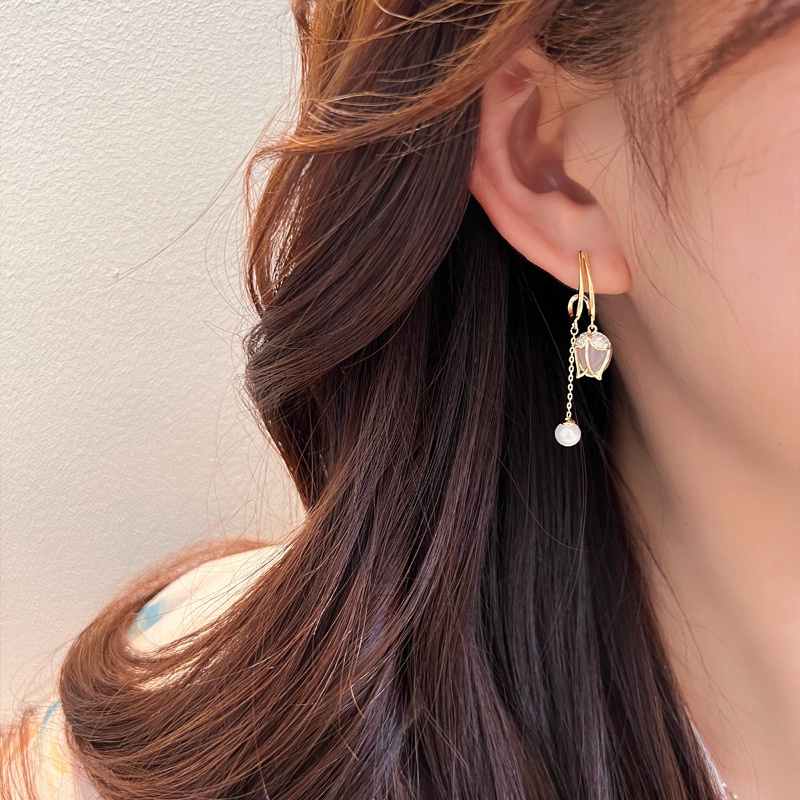 Khuyên Tai Tua Rua Dáng Dài Đính Hạt Ngọc Trai Hình Hoa Tulip Hồng Thiết Kế Nhỏ Phong Cách Hàn Quốc 2022