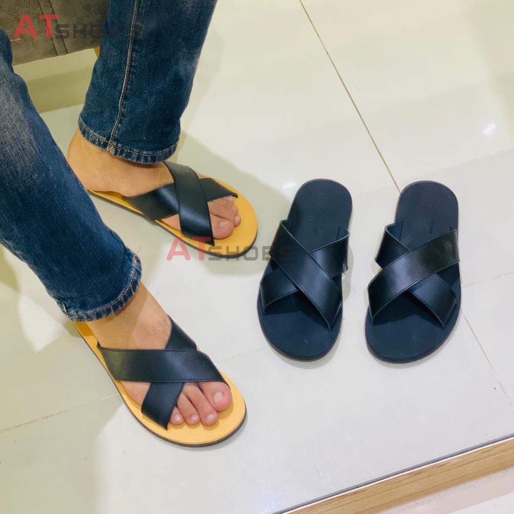 Dép Sandal Dép Quai Chéo Da Bò Thật Không Thấm Nước Phù Hợp Mọi Lứa Tuổi cheosg01 (Đen - Nâu) -JG*&