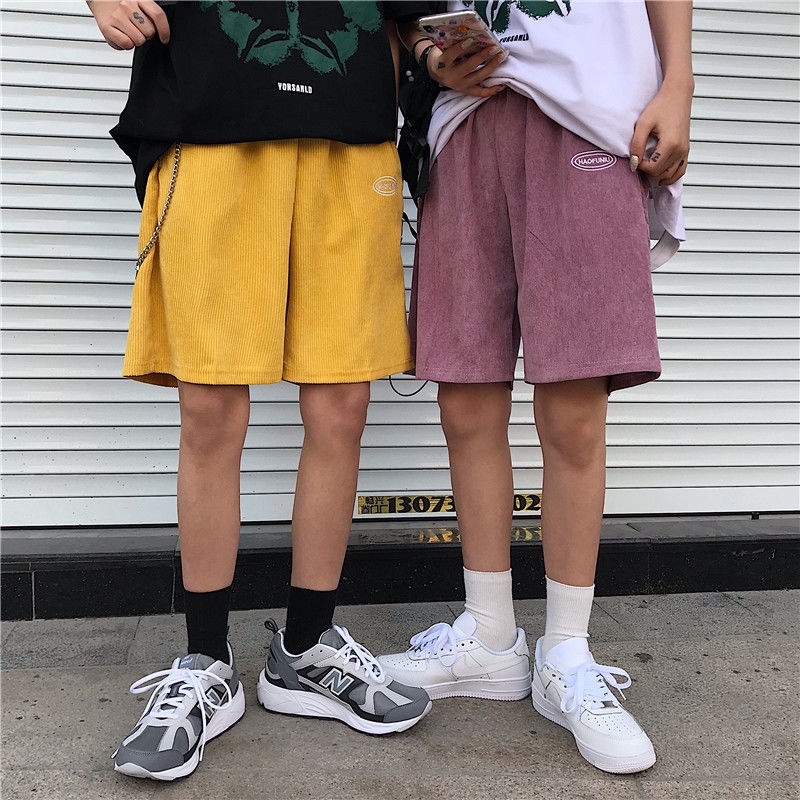 Quần Short Vải Nhung Kẻ Ống Suông Rộng Thời Trang Unisex