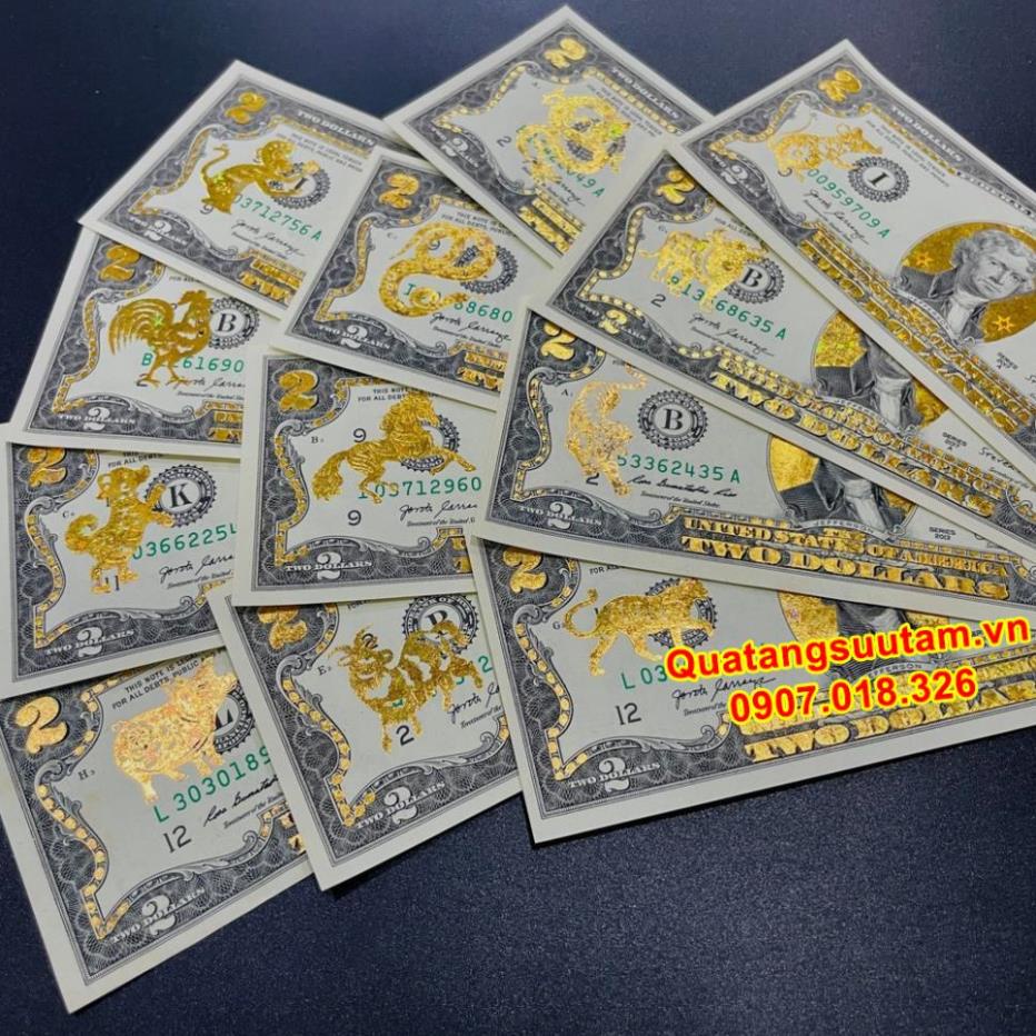 Tờ 2 Đô, 2 USD In Hình 12 Con Giáp Mạ Vàng 3D Kỷ Niệm Làm Quà Tặng, Sưu Tầm, Trang Trí để bóp ví ốp lưng điện thoại