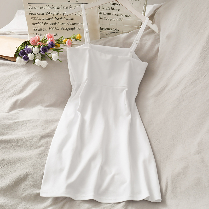 IELGYĐầm Ngắn Hai Dây Rút Dây Màu Đen Trơn Phong Cách Đơn Giản Dành Cho Nữ