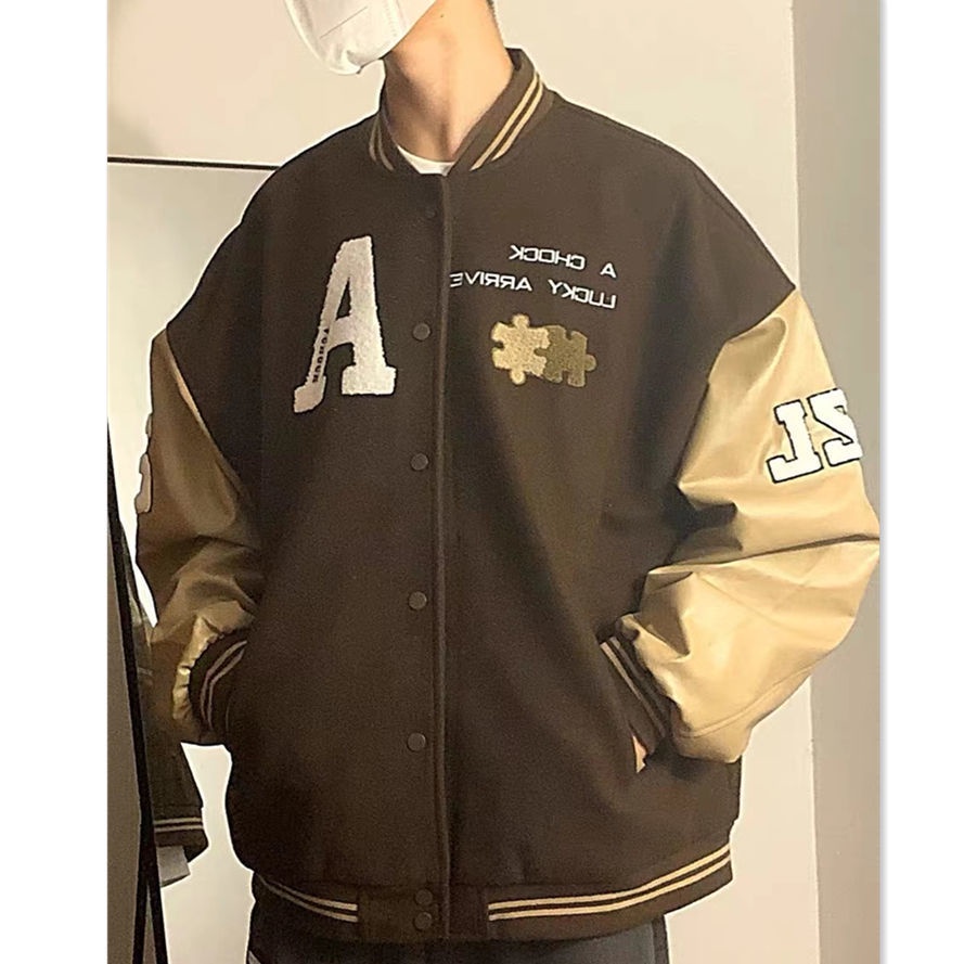 Áo khoác bóng chày vải len phối nhung dày tùy chọn màu sắc và họa tiết retro thời trang cho nam