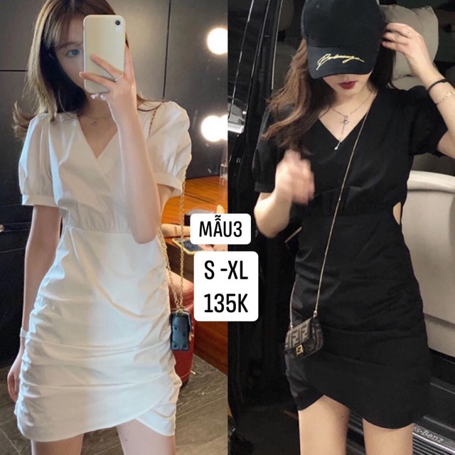 Váy Line khoét eo cổ V -tay ngắn ôm eo hàng quảng châu ulzzang chất thô cao cấp -2 màu đen trắng .