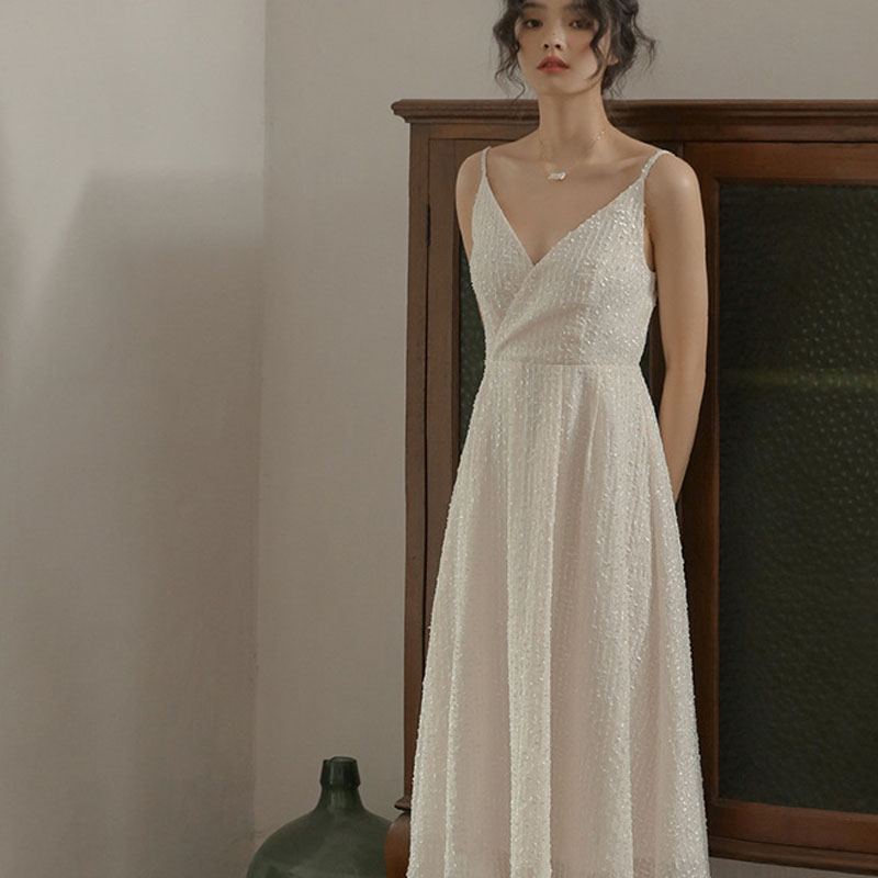 IELGY  Đầm Dài Hai Dây Màu Trắng Phong Cách Pháp Cổ Điển Thời Trang Cho Nữ