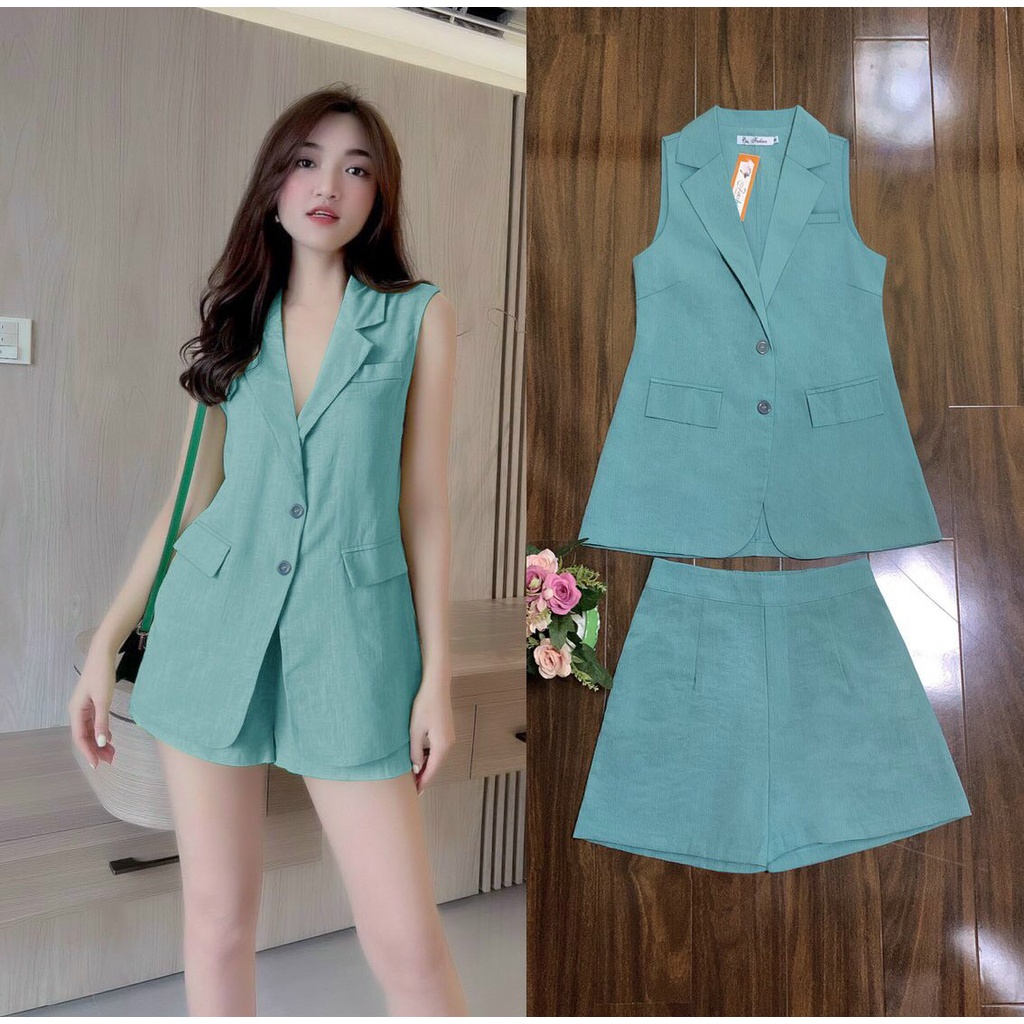 Set bộ áo cổ vest form dài 2 nắp túi quần short xinh xắn J1186