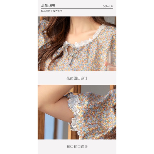 Bộ Đồ Ngủ Tay Ngắn Hai Lớp Bằng Vải Cotton Họa Tiết Hoa Thời Trang Mùa Hè Mới Dành Cho Bạn Nữ