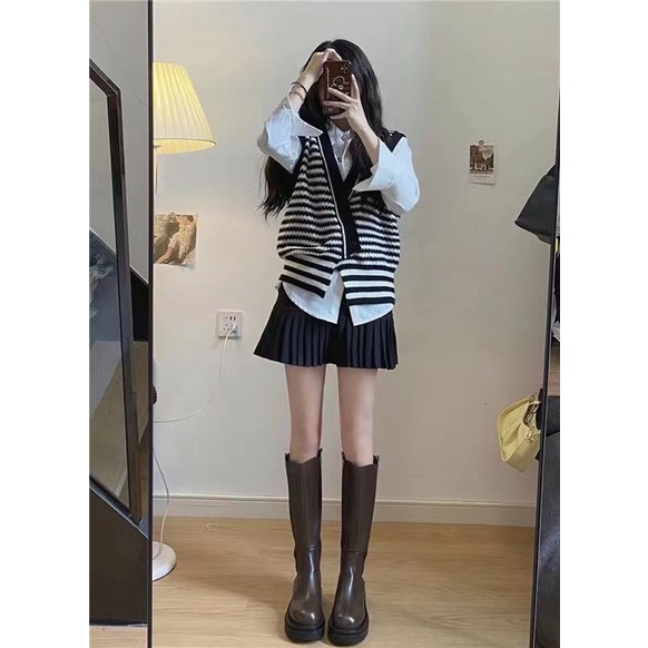 Áo Len Không Tay Cổ Chữ V Dáng Rộng Họa Tiết Kẻ Sọc Thời Trang Hàn Quốc Cho Nữ