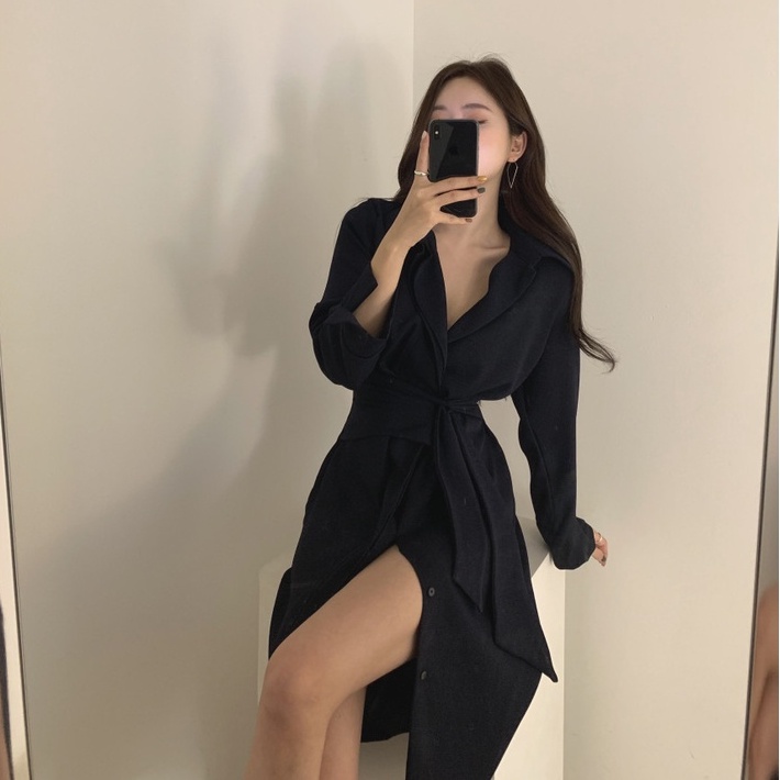Đầm sơ mi lụa trơn dáng xuông thắt eo công sở phong cách Hàn Quốc