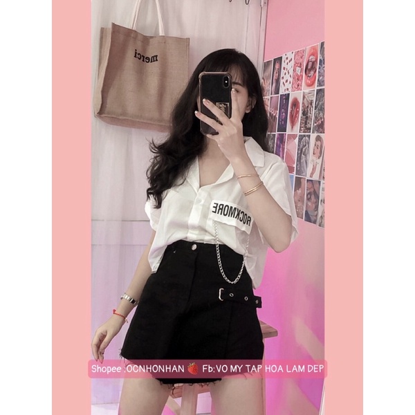 Set áo croptop sơmi phối chân váy quần đắp chéo
