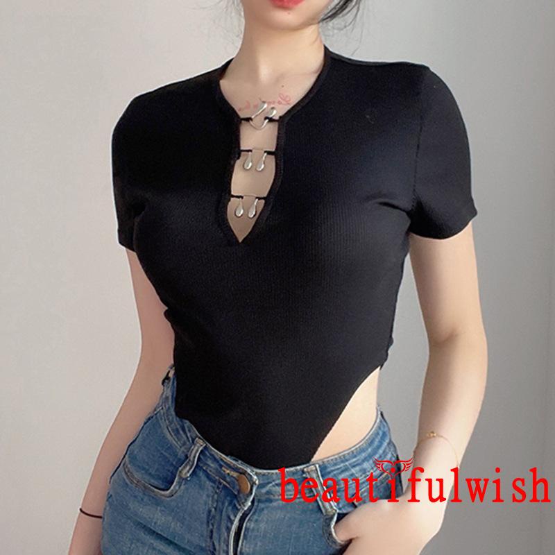 BEAUTIFULWISH-Women´s Summer Knitted Bodysuit Black Short Sleeve Round Neck Front Crochet Buckle Playsuit | BigBuy360 - bigbuy360.vn