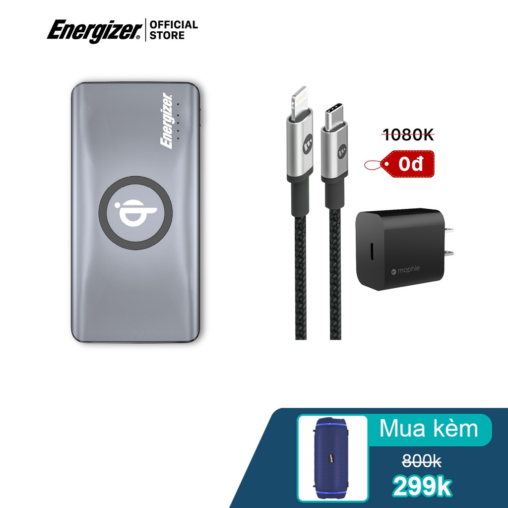 Combo: sạc Mophie 18w - Cáp C to Lightning 1M - Sạc dự phòng Energizer 10,000mAh QE10005CQ - Hàng Chính Hãng