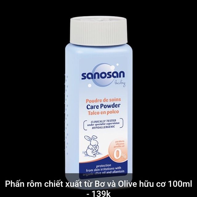 Phấn rôm Sanosan chiết xuất từ bơ và olive cho bé 100gr