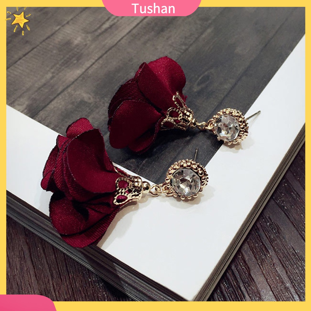 TUSH Fashion Women Rhinestone Inlay Flower Dangle Drop Ear Stud Earrings Jewelry Gift