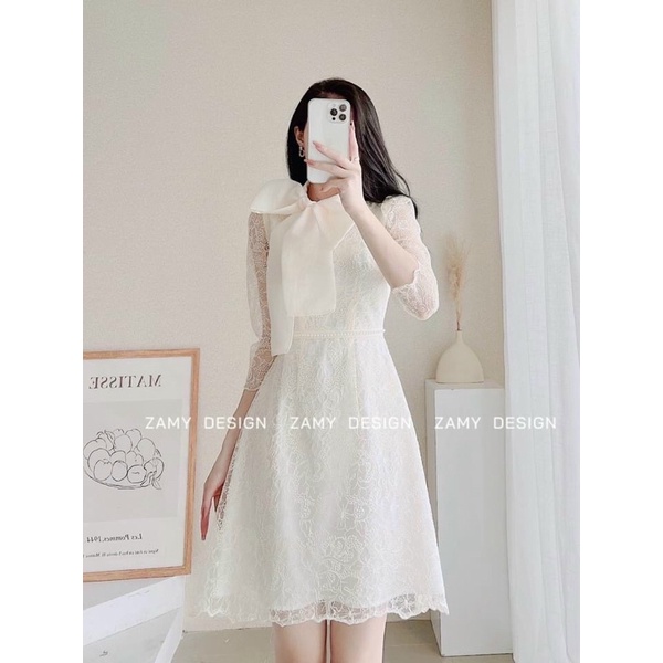 Váy ren hai lớ cổ nơ đai ngọc