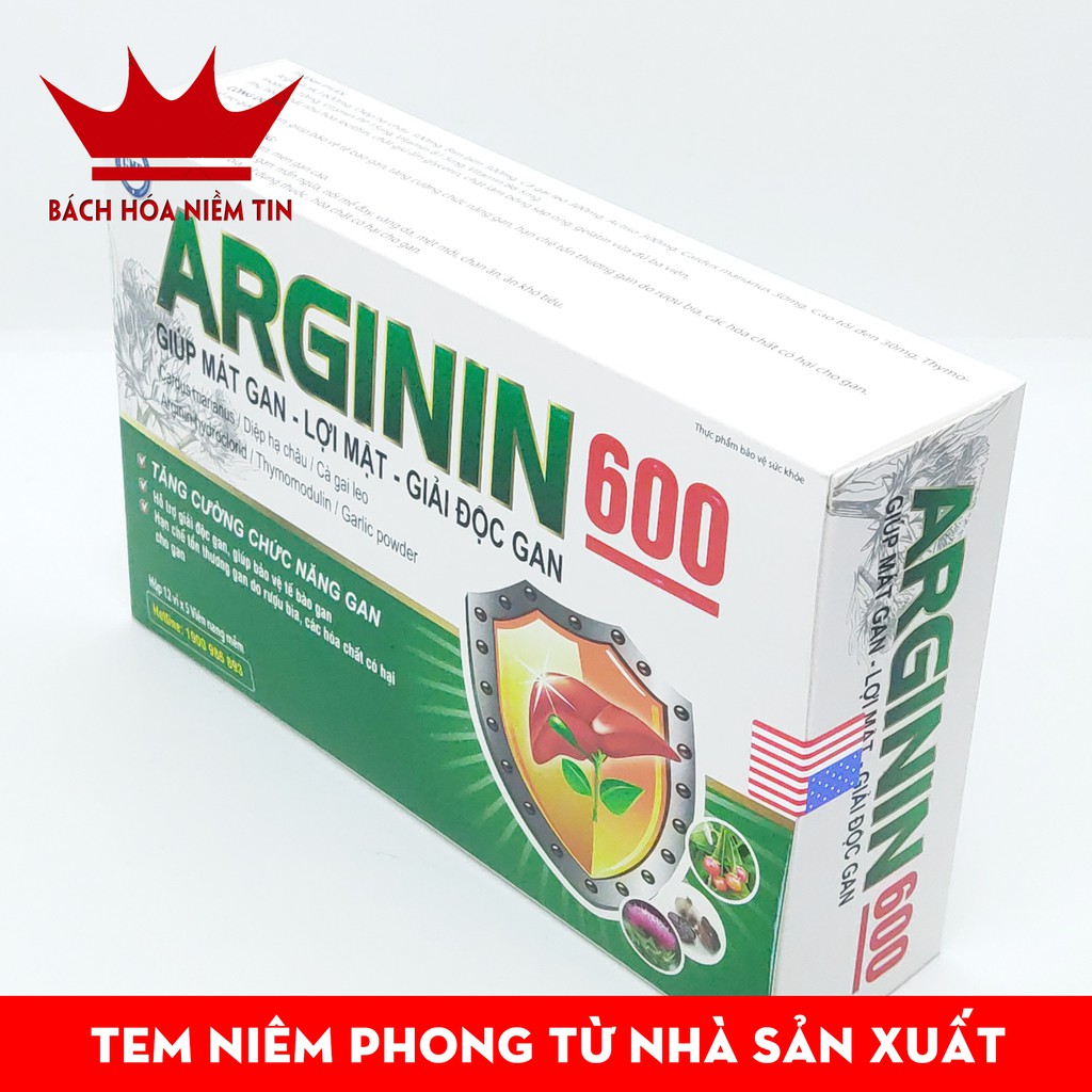 Viên uống mát gan Arginin 600 giải độc gan, hạ men gan -Cà gai leo, actiso, tỏi đen, diệp hạ châu - bổ gan hộp 60v