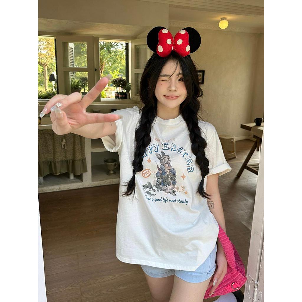 Áo Thun Cotton Dáng Rộng Ngắn Tay In Hoạt Hình Thời Trang Mùa Hè Cá Tính 6308