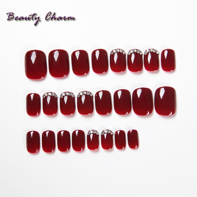 24pcs Detachable Wearable Fake Nails press on autumn and winter wine red color with  diamond factory direct