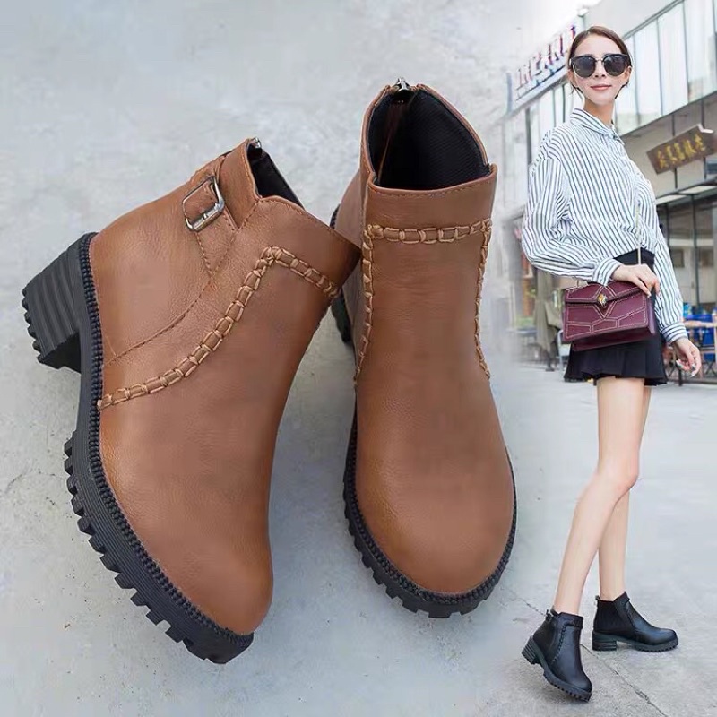 BỐT NỮ DA LỘN KÉO KHOÁ ĐẾ 5P, BOOTS ĐẾ BẰNG PHONG CÁCH HÀN QUỐC- G300