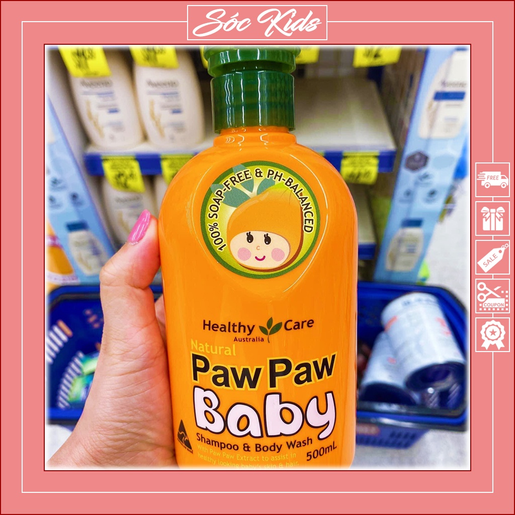 Sữa Tắm Gội Healthy Care Paw Paw Baby Chiết Xuất Đu Đủ Cho Bé - CHUẨN ÚC | DATE 2024 | MẪU MỚI | 500 ML | SÓC KIDS