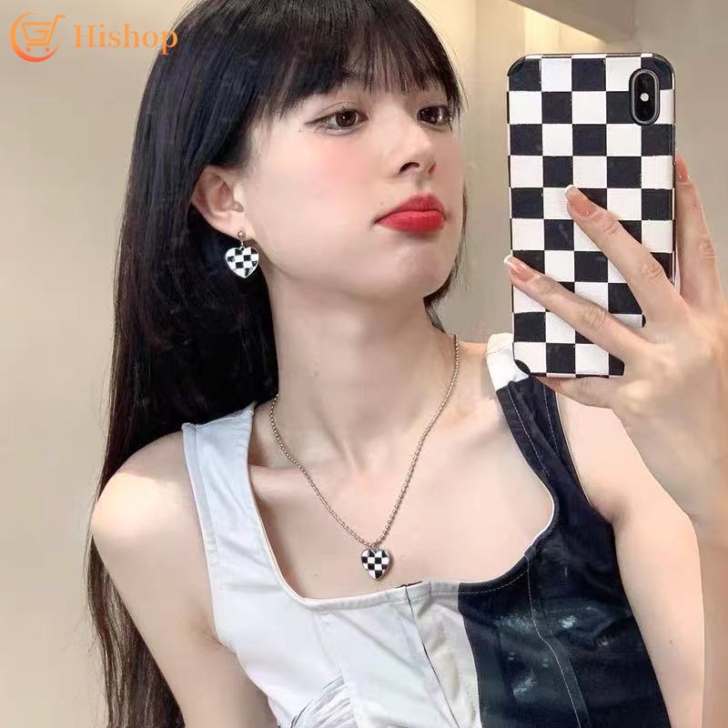 Bộ Vòng cổ và khuyên tai hình trái tim phong cách Hàn Quốc