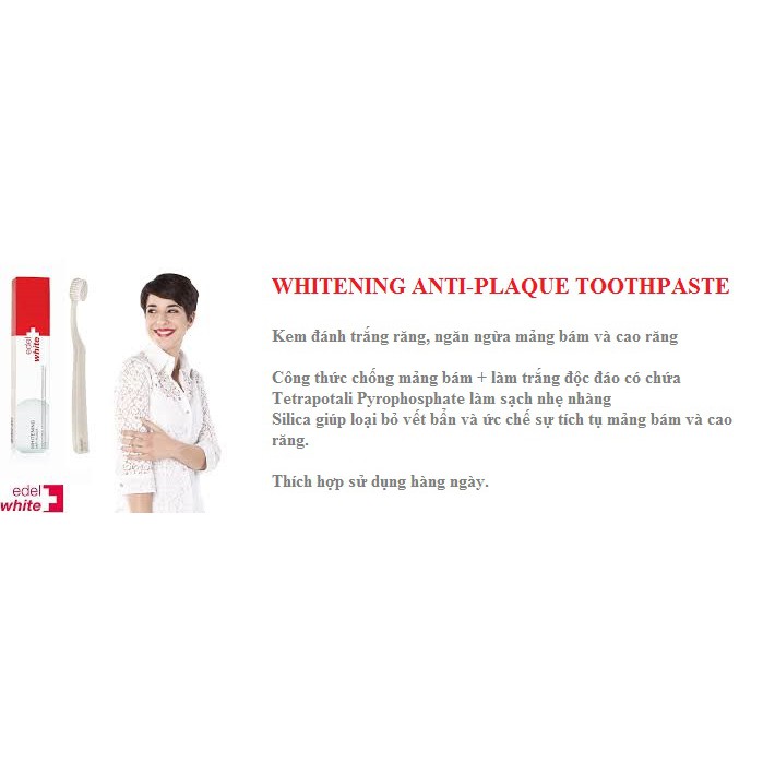 Kem làm trắng răng Edelwhite Whitening Anti-Plaque, 75ml, Thụy Sĩ