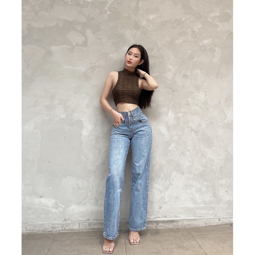 Quần jeans ống rộng nhiều nút CHICMONKI lưng cao màu xanh nhạt thiết kế mới vải dày dặn không phai màu CMJ1096