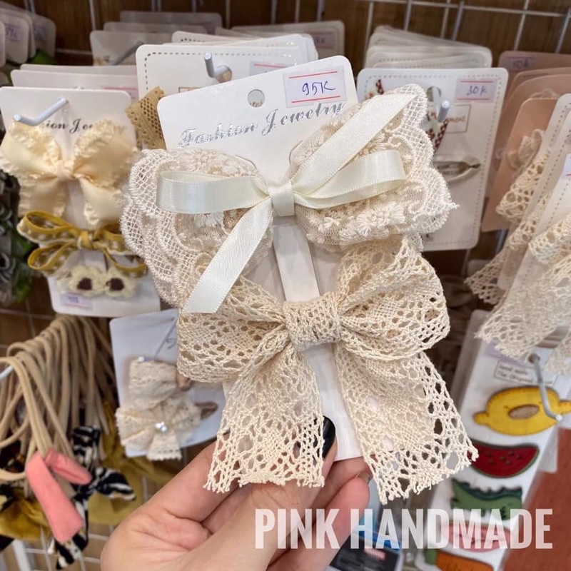 Sét hai kẹp tóc nơ ren Hàn Quốc handmade  bản to cho bé