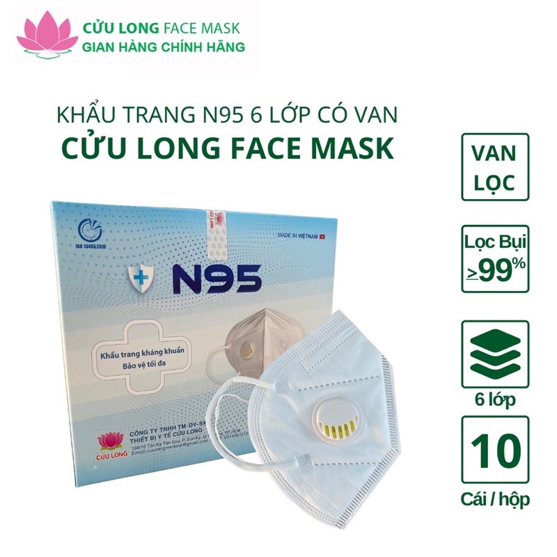 Khẩu trang y tế cao cấp 6 lớp N95 có van Cửu Long Face Mask (Hộp 10 cái)