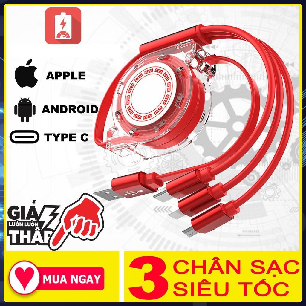 Dây cáp sạc iphone, Dây sạc iphone 3 trong 1 rút gọn tiện dụng - Đáp ứng tất cả nhu cầu sử dụng