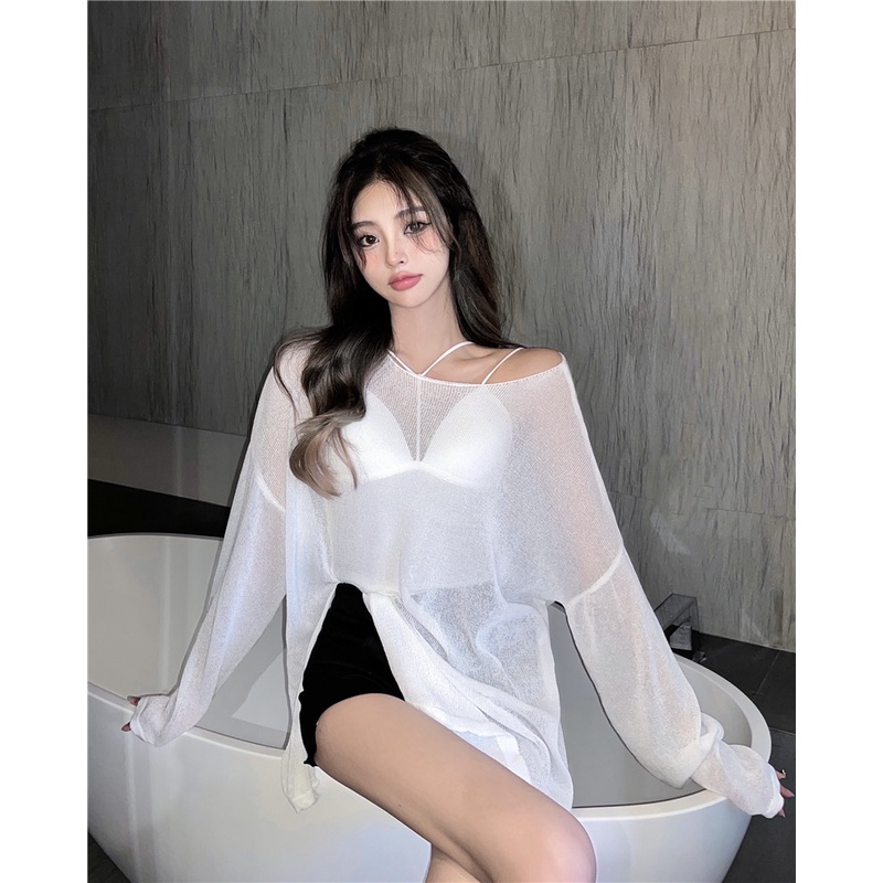 Áo Dệt Kim Mỏng Tay Dài Xẻ Tà Màu Đen Phong Cách Hàn Quốc Thời Trang Cho Nữ