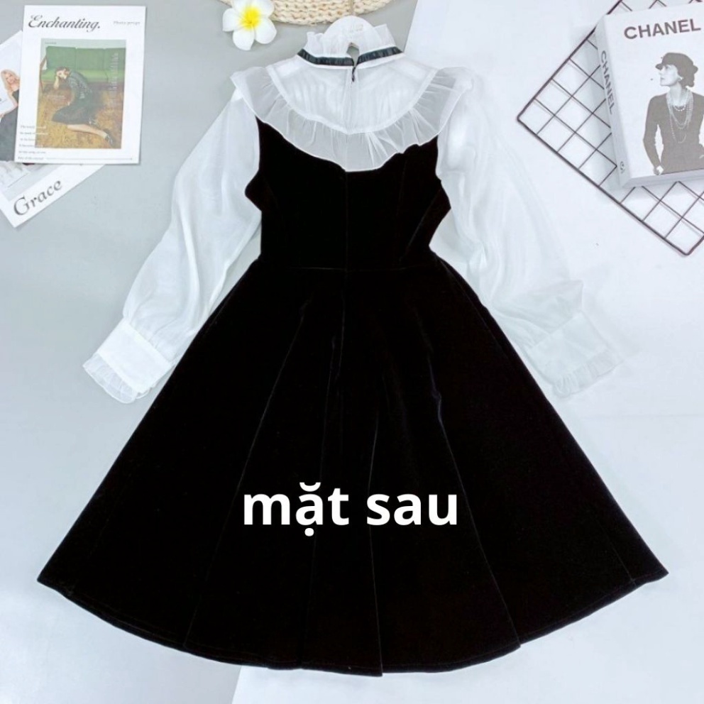 Váy nữ Thiết Kế xòe dài tay nơ cổ Đầm nhung dự tiệc sang chảnh HN clothing v23 2 | BigBuy360 - bigbuy360.vn