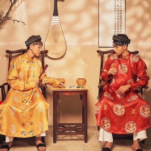 Áo Khoác Long Bào, Mãng Bào ,Áo Ngũ Thân Tay Chẽn gấm in vân chìm Cho Các Chàng Ngày Lễ,Cưới,Hỏi Dịp Dạ hôi