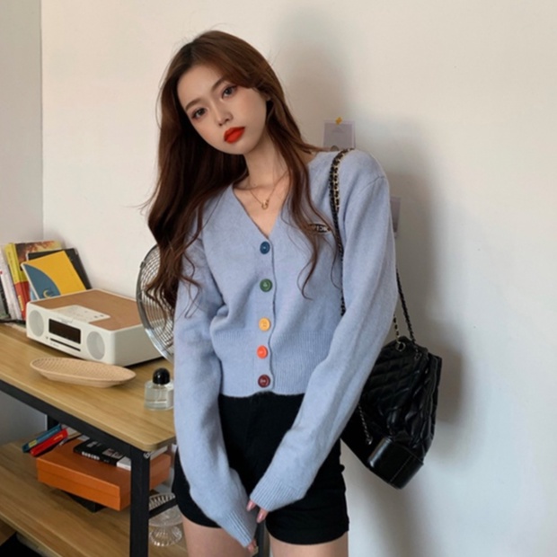 ihkke Áo khoác cardigan dệt kim dáng ngắn phối nút màu cầu vồng phong cách Hàn Quốc trẻ trung cho nữ