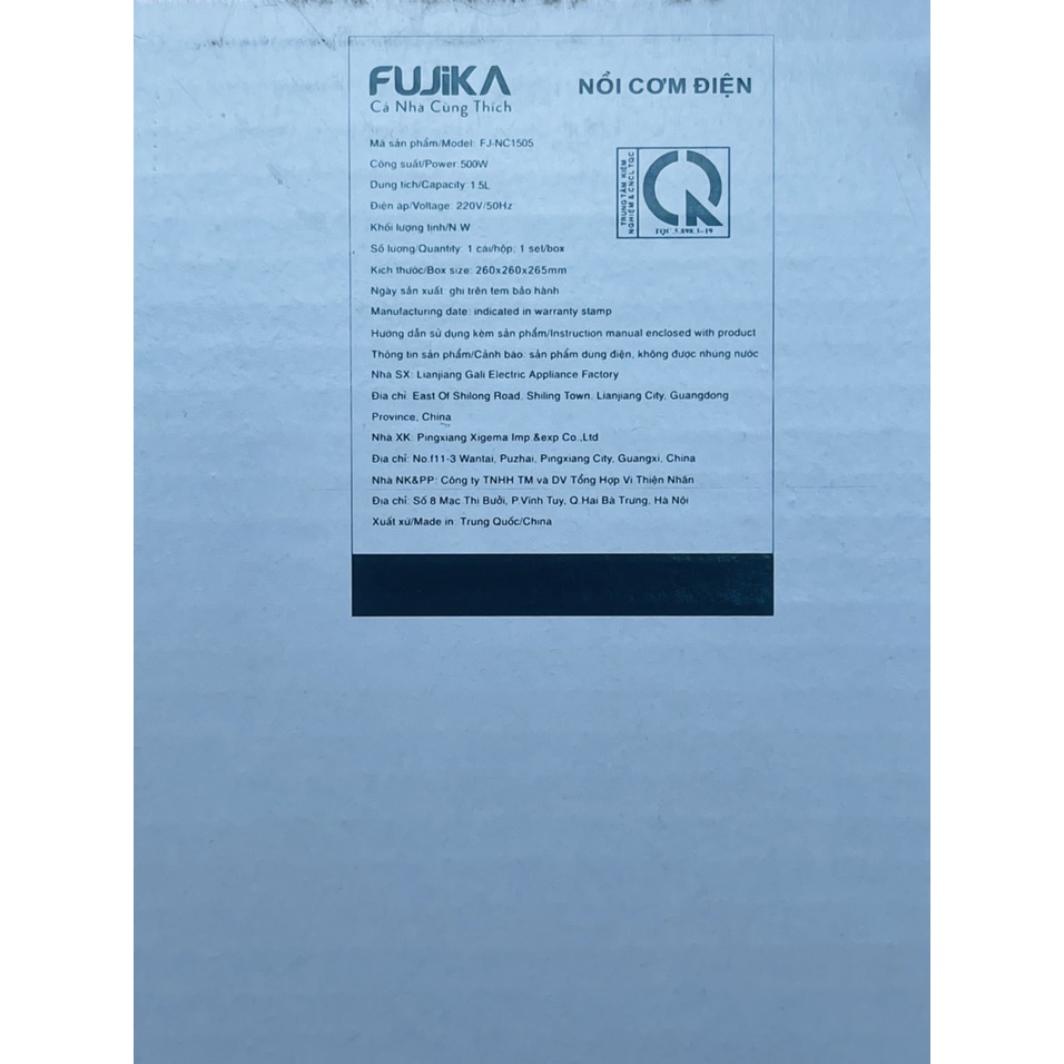 Ồi cơm điện 1.5 LÍT  FUJIKA FJ-NC1505 - Tem bảo hành 12 tháng chính hãng bao đổi trả