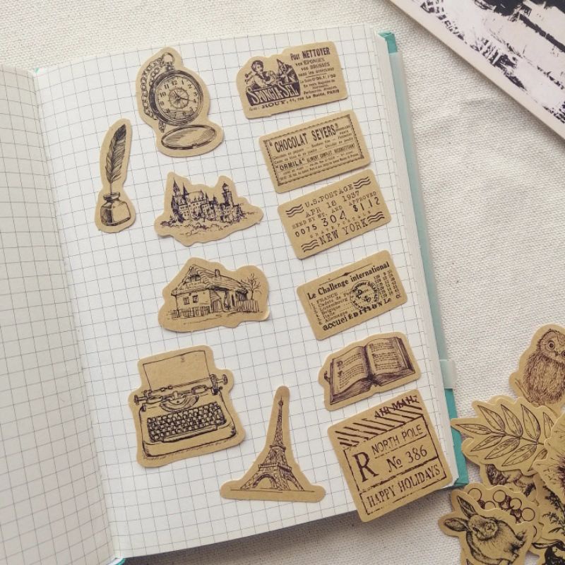 Set 23 sticker cổ điển trên nền giấy kraft nâu dùng trang trí bullet journal - ginandtonic