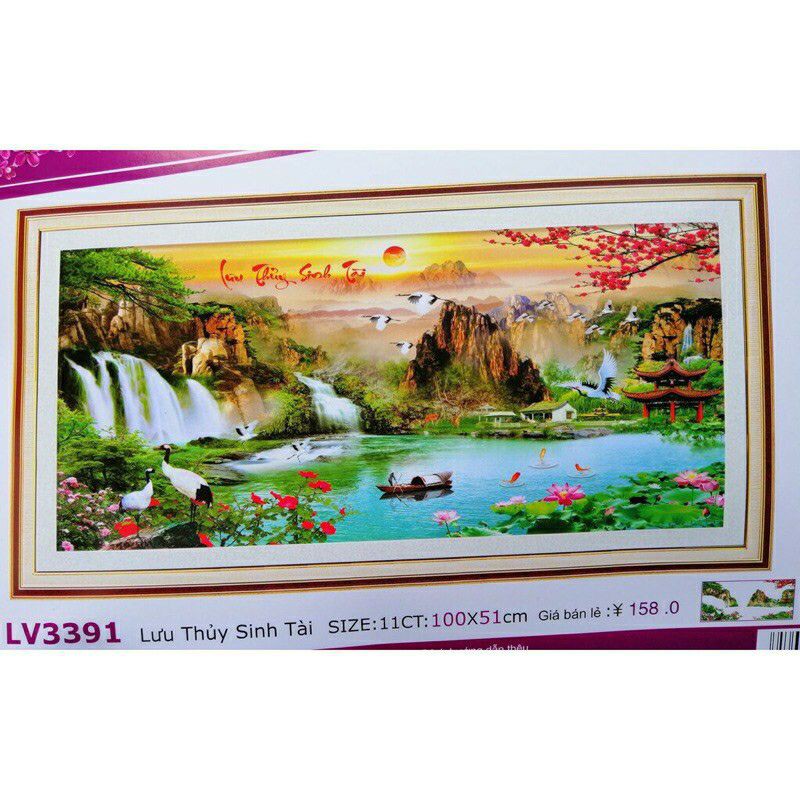 tranh thêu chữ thập 3D Lưu thủy sinh tài 100x51cm - LV3391