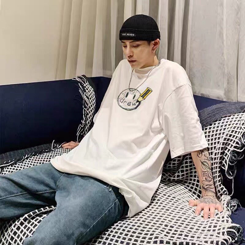 Áo thun tay lỡ DREW bút chì unisex form rộng vải cotton co dãn - áo thun nam nữ