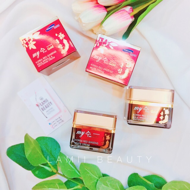 2 DÒNG - Kem dưỡng nhân sâm MY JIN GOLD KOREA RED GINSENG WHITE CREAM/ AQUA WRINKLE WHITENING CREAM