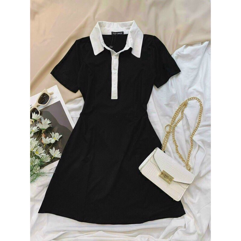 Váy body cổ polo đóng cúc cộc tay dáng ngắn ulzzang/ Váy nữ dáng suông thời trang hàn quốc_ranstore