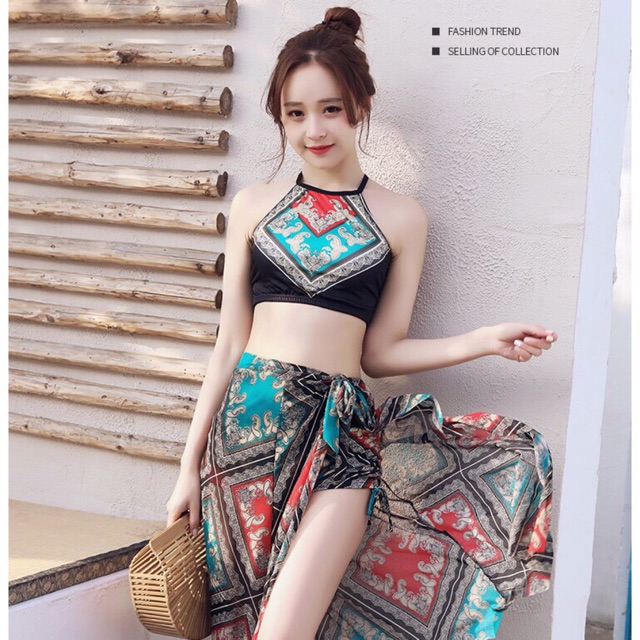 [Mã SRJULY1215 giảm 20K đơn 50K] BIKINI ĐI BIỂN HOẠ TIẾT THỔ CẨM SET BỘ 3 MÓN CỰC XINH