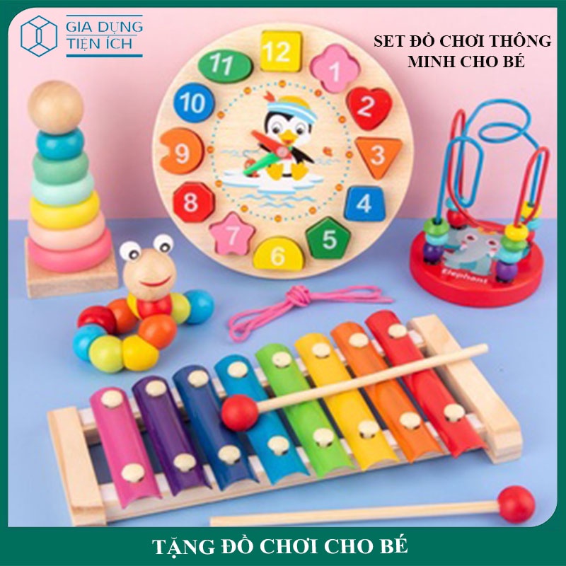 Đồ Chơi Gỗ Trí Tuệ Cho Bé, Combo 6 Món Đồ Chơi Gỗ, Gồm Đàn Gỗ, Luồn Hạt, Sâu Gỗ, Thả Hình, Đồng Hồ và Tháp Cầu Vồng