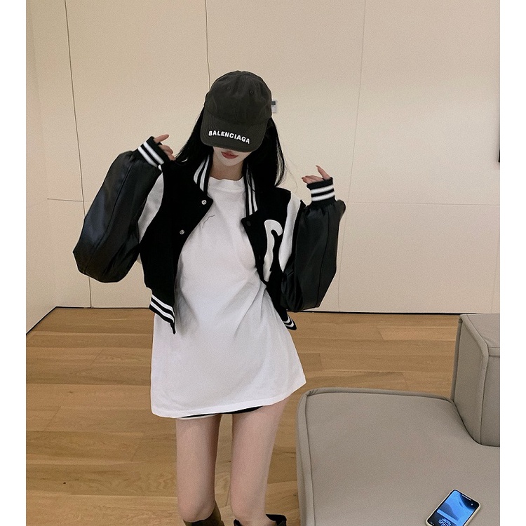 Áo khoác bóng chày dài tay dáng rộng có khóa kéo màu sắc tương phản in chữ độc đáo thời trang mùa thu cho nữ