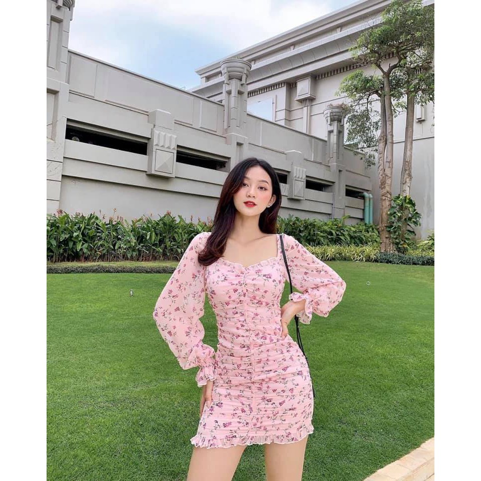 Váy Đầm Body Nhún Sườn Chất Voan 2 Lớp Họa Tiết Hoa Siêu Đẹp Với Tông Hồng Tôn Dáng Cực Xinh. | BigBuy360 - bigbuy360.vn