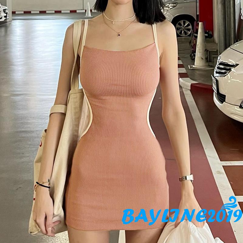 Đầm Hai Dây Hở Lưng Ôm Dáng Màu Sắc Tương Phản Dành Cho Nữ