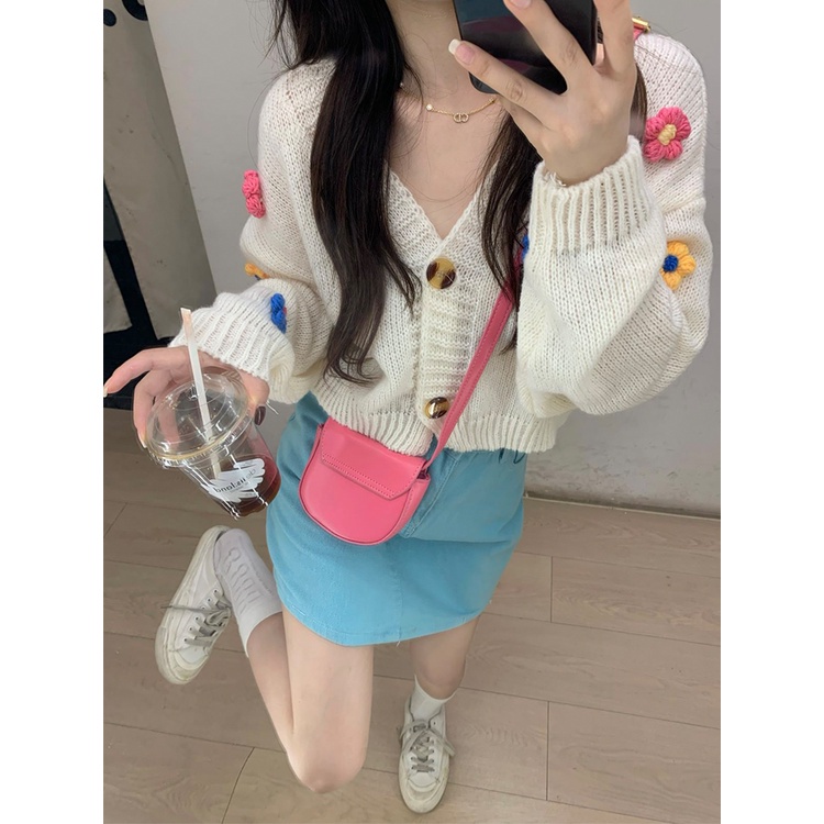 DUNEA Áo Khoác Cardigan Dệt Kim Cổ Chữ V In Họa Tiết Hoa Phong Cách Hàn Quốc DUNEA0901