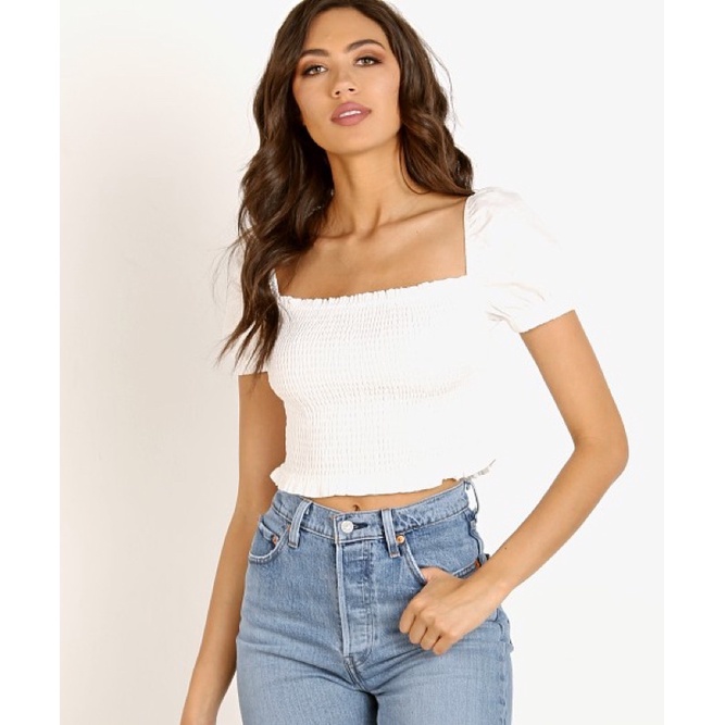 Áo thun bo thân lime blue xuất mỹ dư xịn dáng croptop tay phồng nhẹ