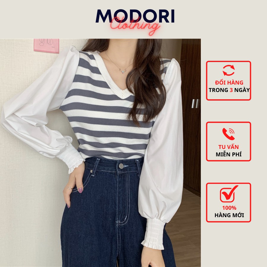 Áo len nữ kiểu Hàn Quốc dài tay cổ tim phối tay bồng sơ mi 3 màu xinh xắn