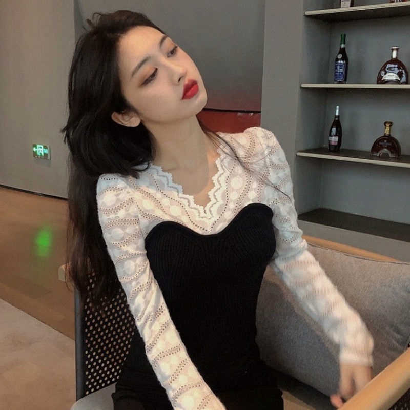 【ZHELIHANGFEI】Áo Dệt Kim Dáng Ôm Cổ Chữ V Phối Ren Phong Cách Sang Trọng Dành Cho Nữ