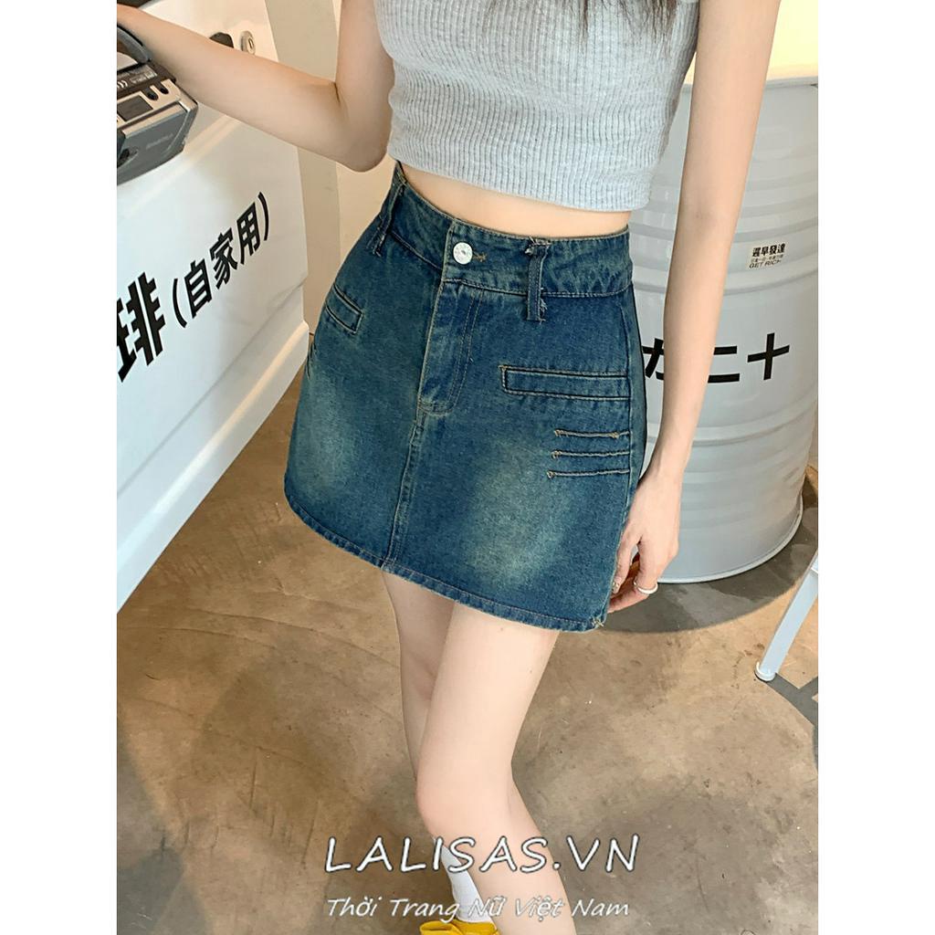 Lalisas Chân váy jean Ngắn Chữ A Lưng Cao Phong Cách retro Mỹ Cho Nữ