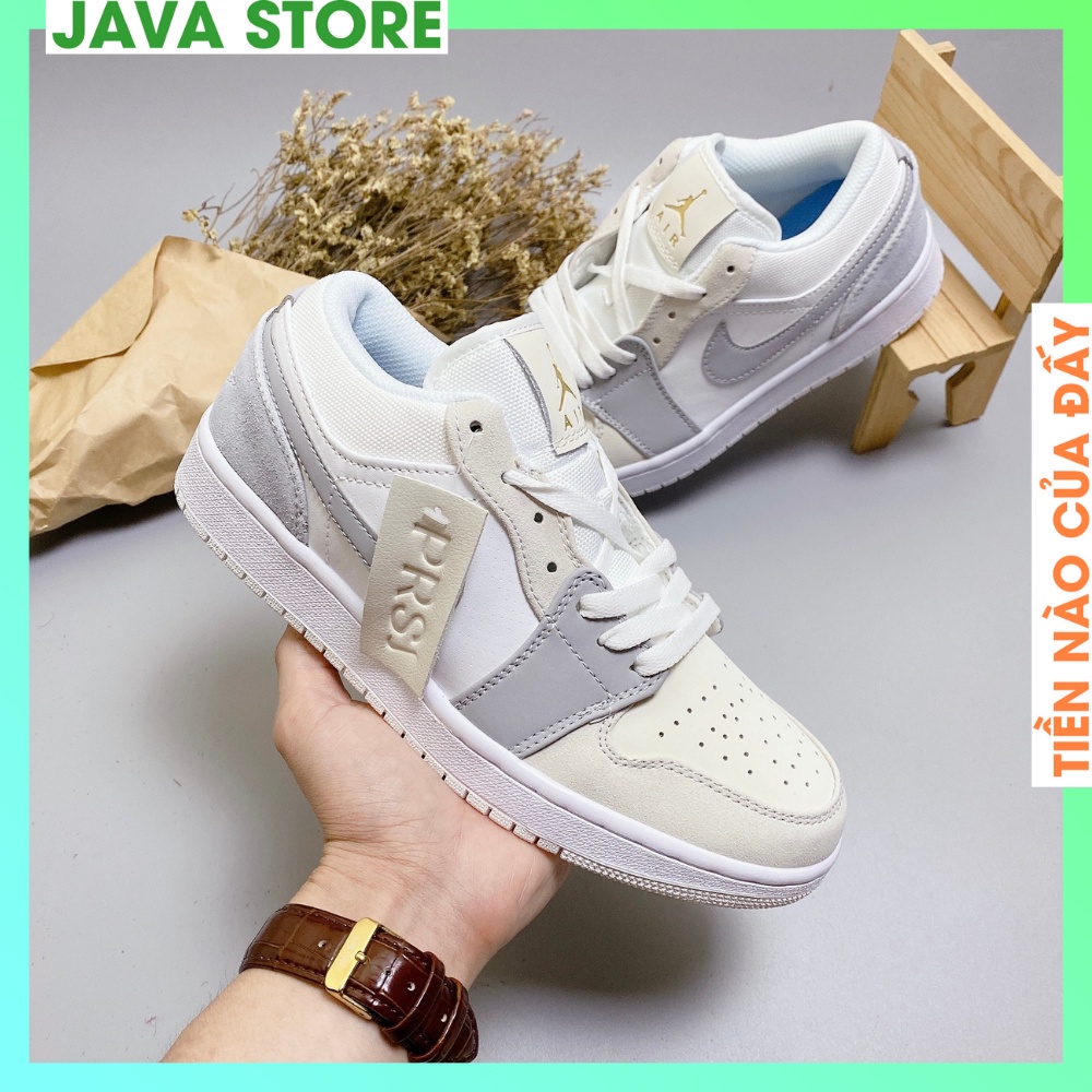 Giày Jordan Cổ Thấp, Giày JD1 Low Paris Trắng Xám Gót Xanh Thời Trang Full Box